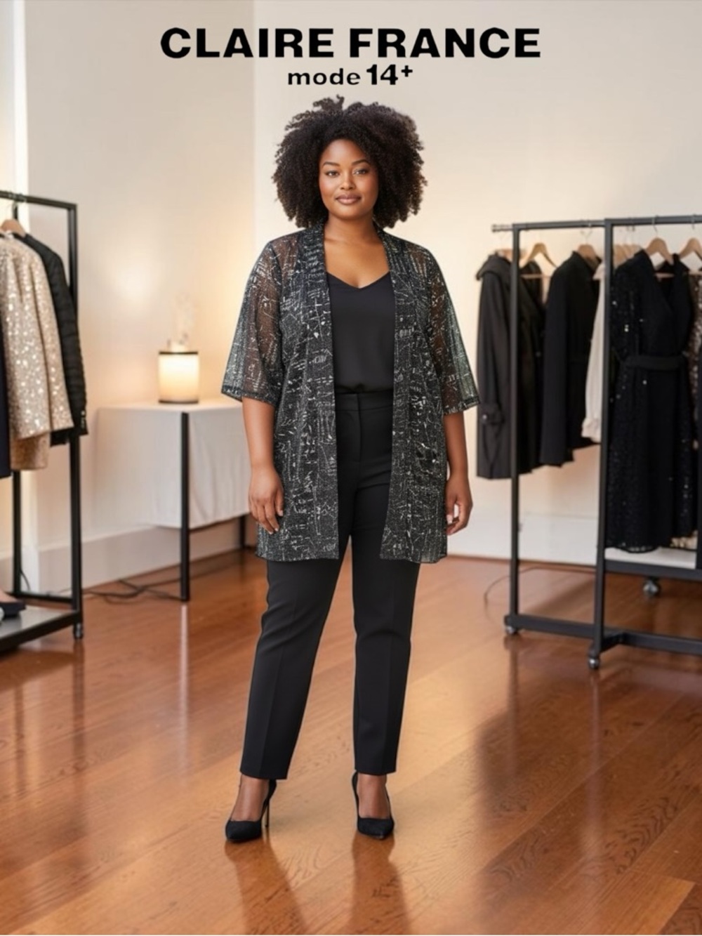 Claire France, 2X Plus Size, Sheer Black Silver Shimmer Cardigan Kimono, Chic